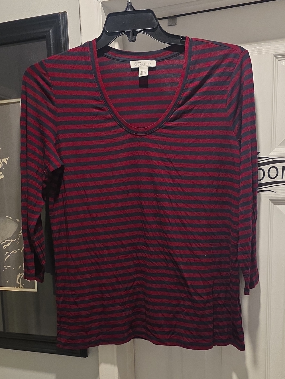 Signature Women's Burgundy and Navy Striped Long Sleeve Tee